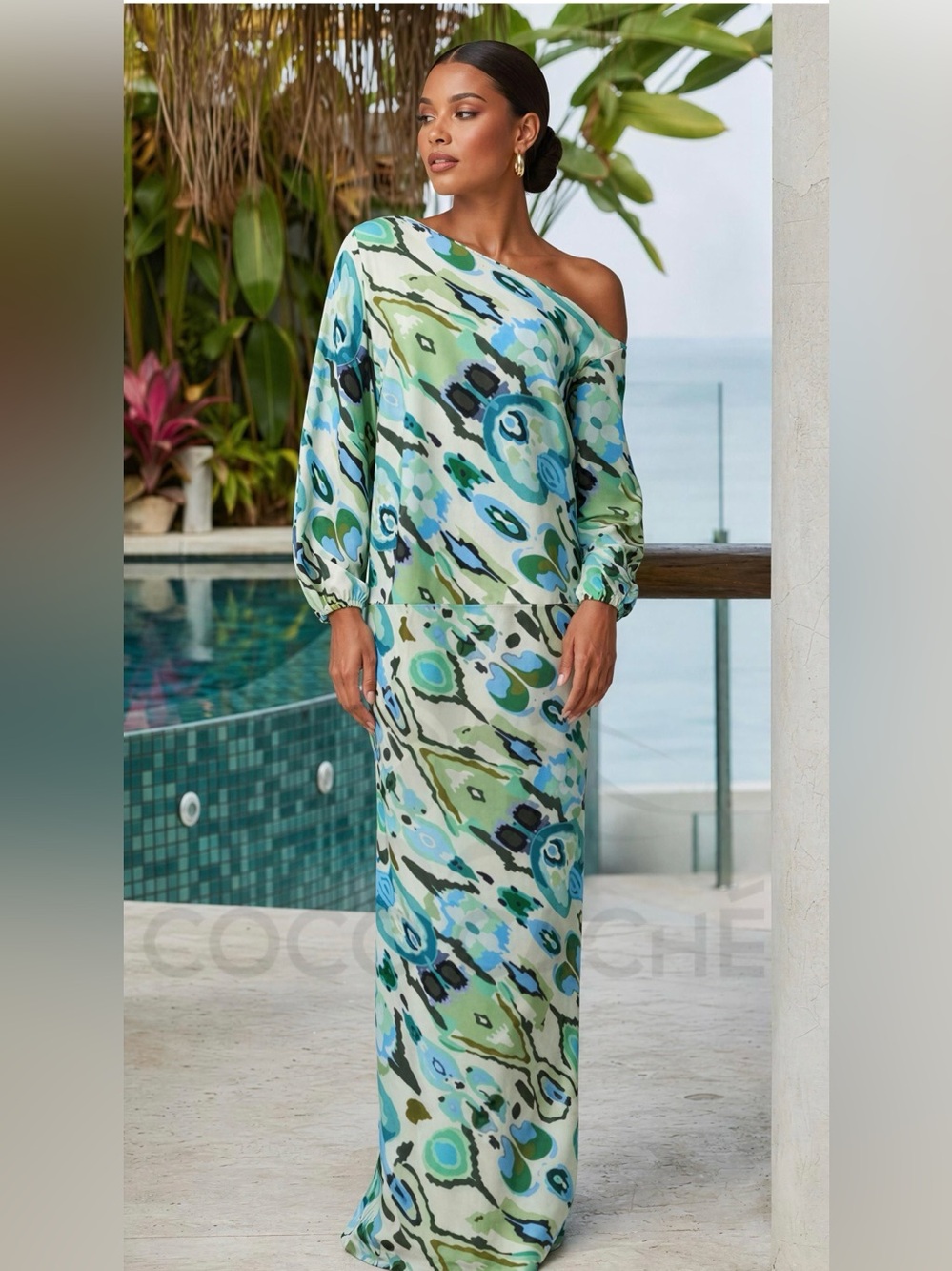 Two Piece Set Green Hydrangea Elegant Bohemian Off Shoulder Skirt & Top. - Picture 5 of 7